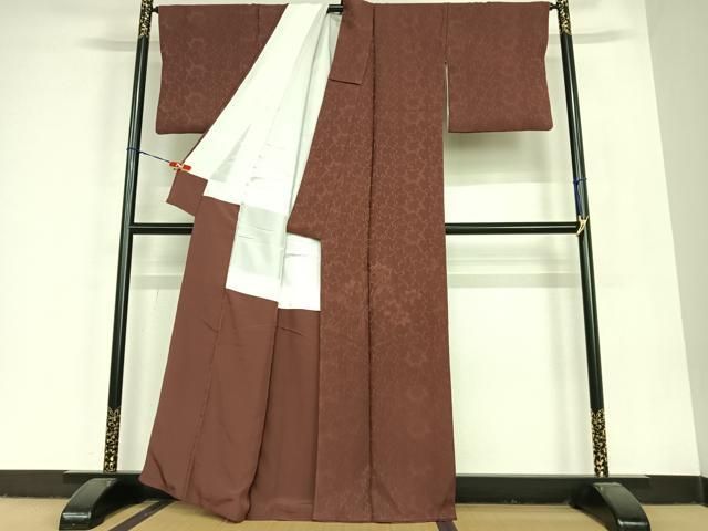 平和屋着物○無地絵羽訪問着 御所車楓地紋 小豆色 正絹 逸品 AABC0179zg