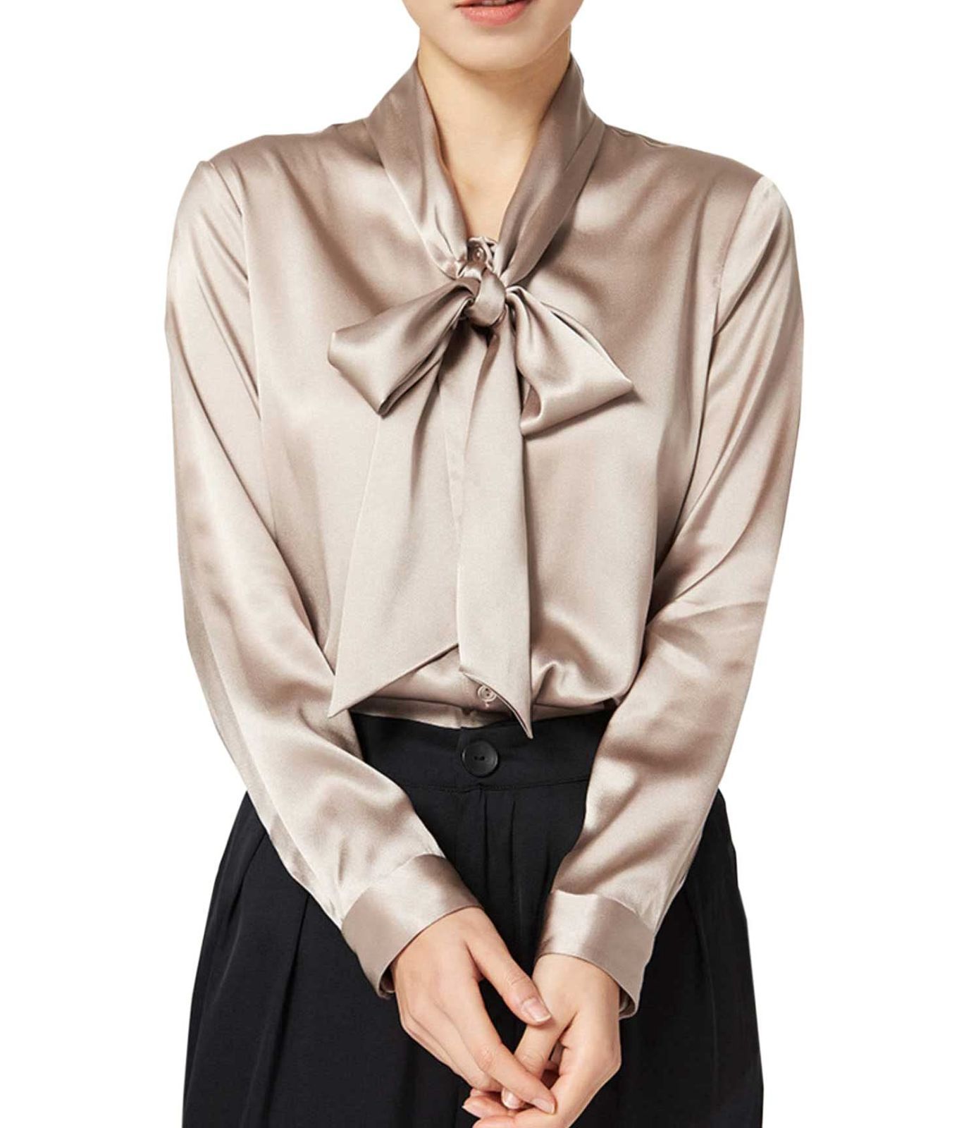 Size XL_Color シャンパンコーヒー MAYUDAMAシルク 重厚シルク ブラウス ボウタイ 大きなリボン ブラウス シャツ 春 秋 長袖 フォーマル オフィス 通勤 白 黒 レディース 小さなサイズ 大きなサイズ 選べるサイズ XL