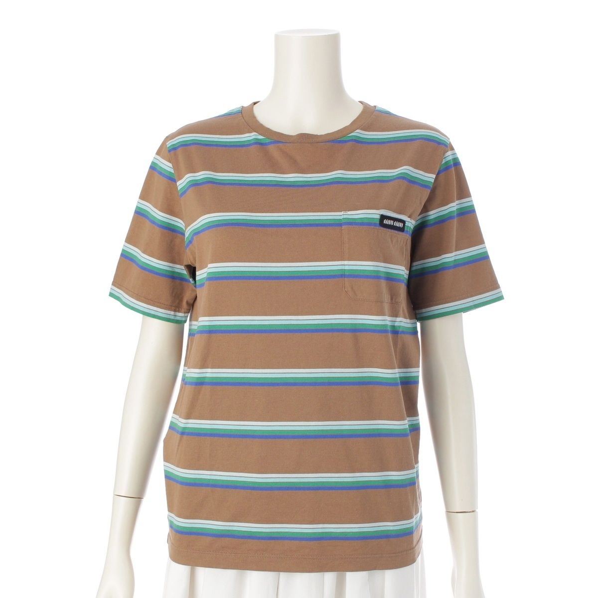 ミュウミュウ ロゴパッチ 胸ポケット ダメージ加工ネック ボーダー  