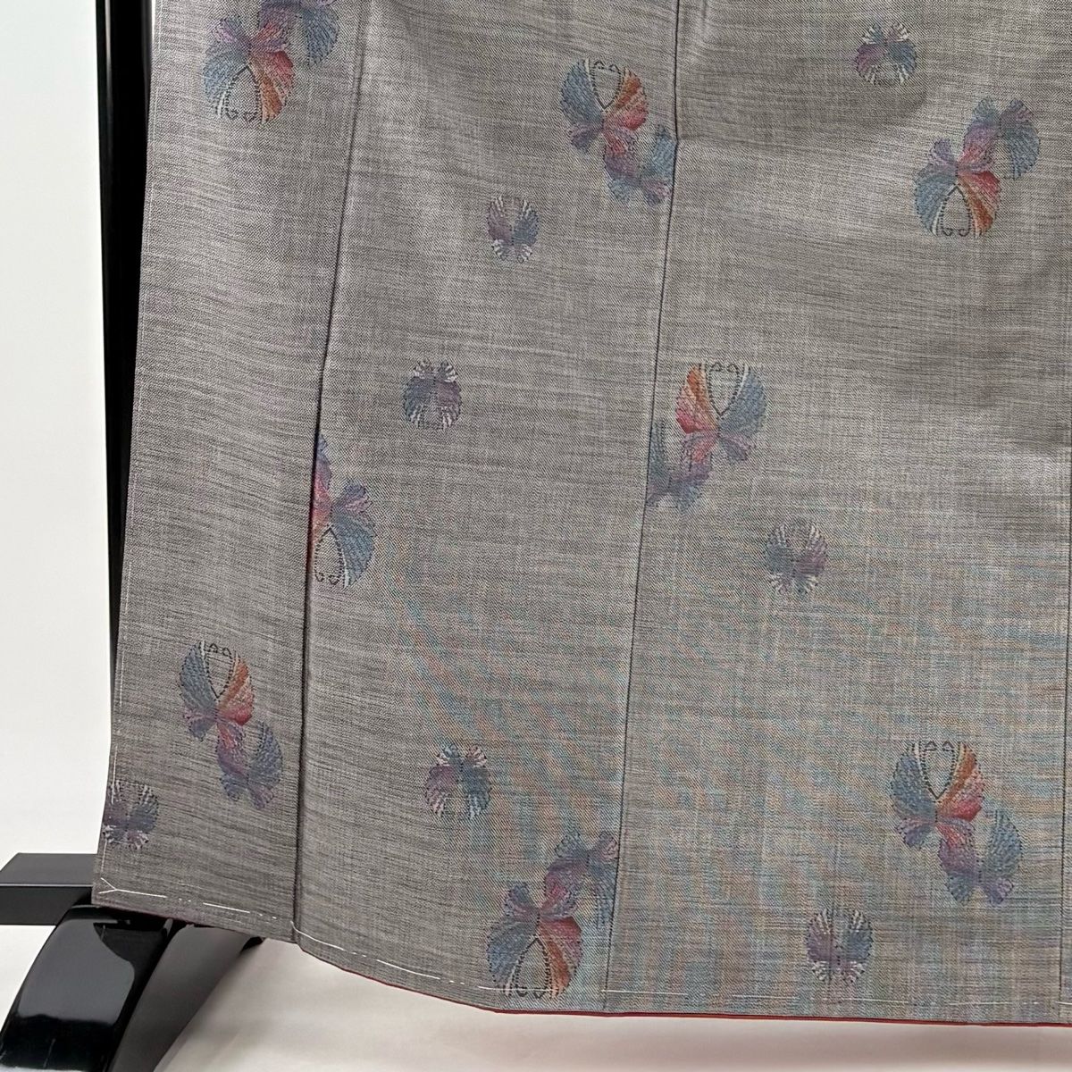 紬 身丈166.5cm 裄丈66.5cm M 袷 蝶 灰茶 正絹 秀品