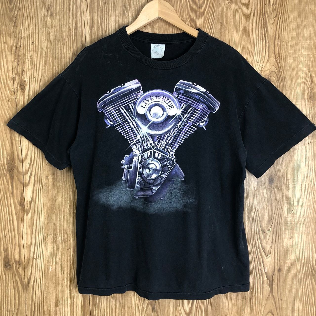 90s LIVE TO RIDE Vツインエンジン プリント 半袖 Tシャツ サイズ メンズ L 黒 90年代 ハーレーダビッドソン バイク 古着 s24072107