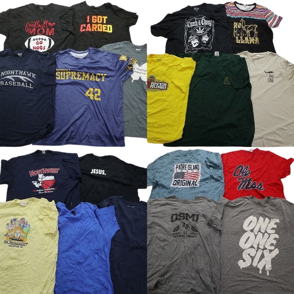 古着卸 まとめ売り カラーmix プリント 半袖Tシャツ 19枚セット (メンズ 2XL ) 無地 丸首 ワンポイント ブルー MS1908