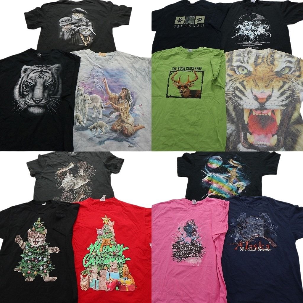 古着卸 まとめ売り アニマル 動物 半袖Tシャツ 13枚セット (メンズ L /XL /2XL /3XL ) 猫 犬 トラ ユニコーン シカ 無地 中古 古着 MY0110