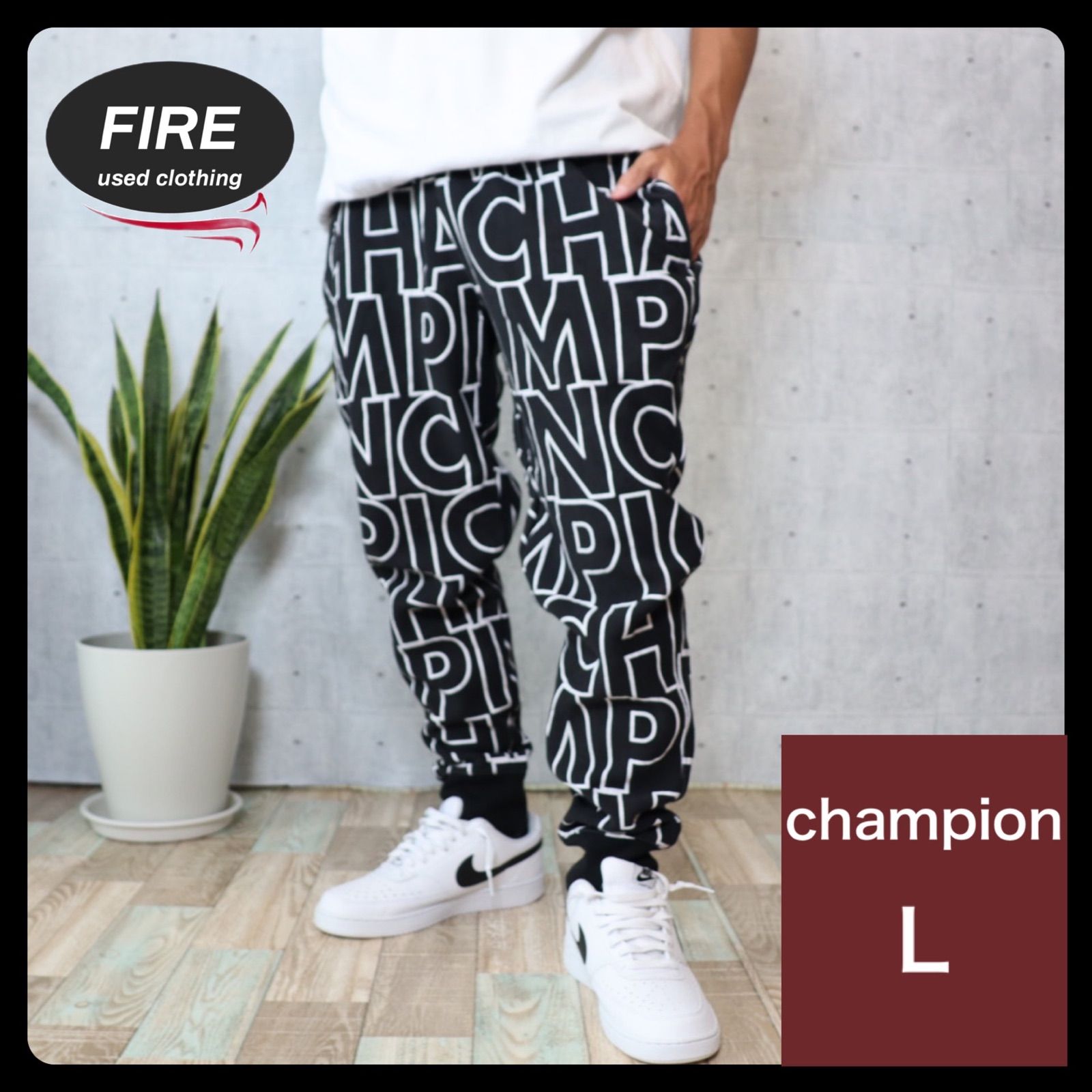 FB430【希少】champion リバースウィーブ スウェット 総柄 リブ L