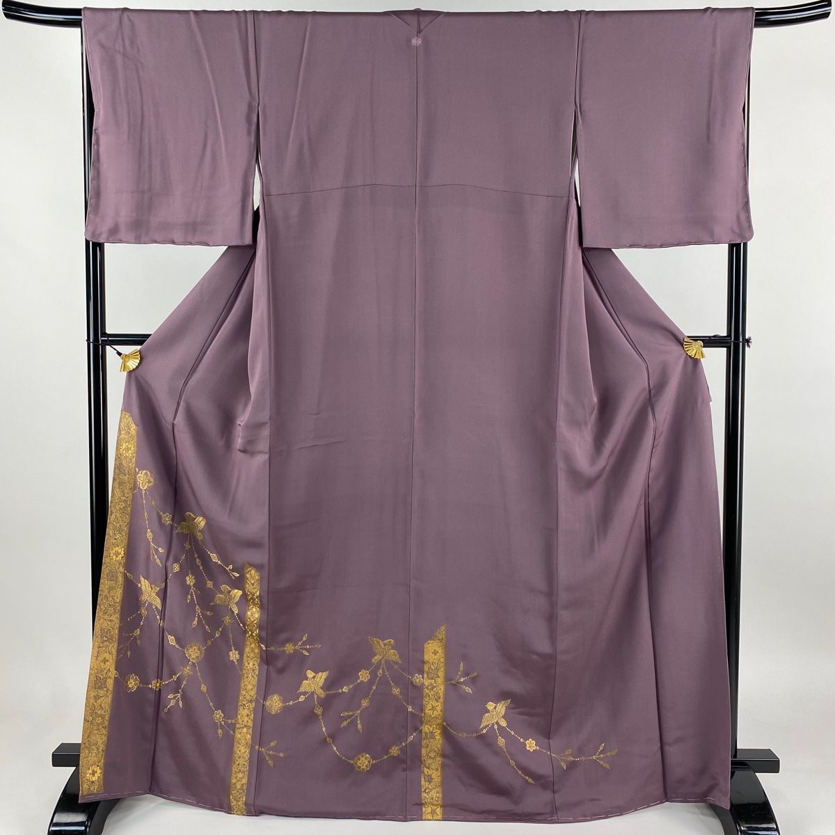 色留袖 身丈167cm 裄丈66.5cm M 袷 鳥 草花 金糸 金彩 灰紫 正絹 名品 一つ紋