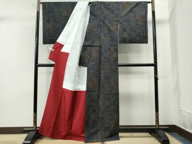 平和屋着物○本場大島紬 9マルキ 泥染め 入来玄彩 色紙御所車花文