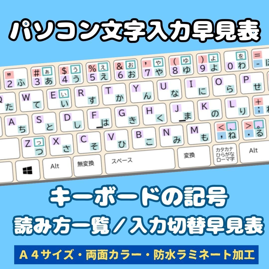 パソコン★文字入力表・キーボードの記号読み方一覧表　A4パウチ・ラミネート加工　在宅ワークの強い味方　PC入力に迷わない　効率アップ