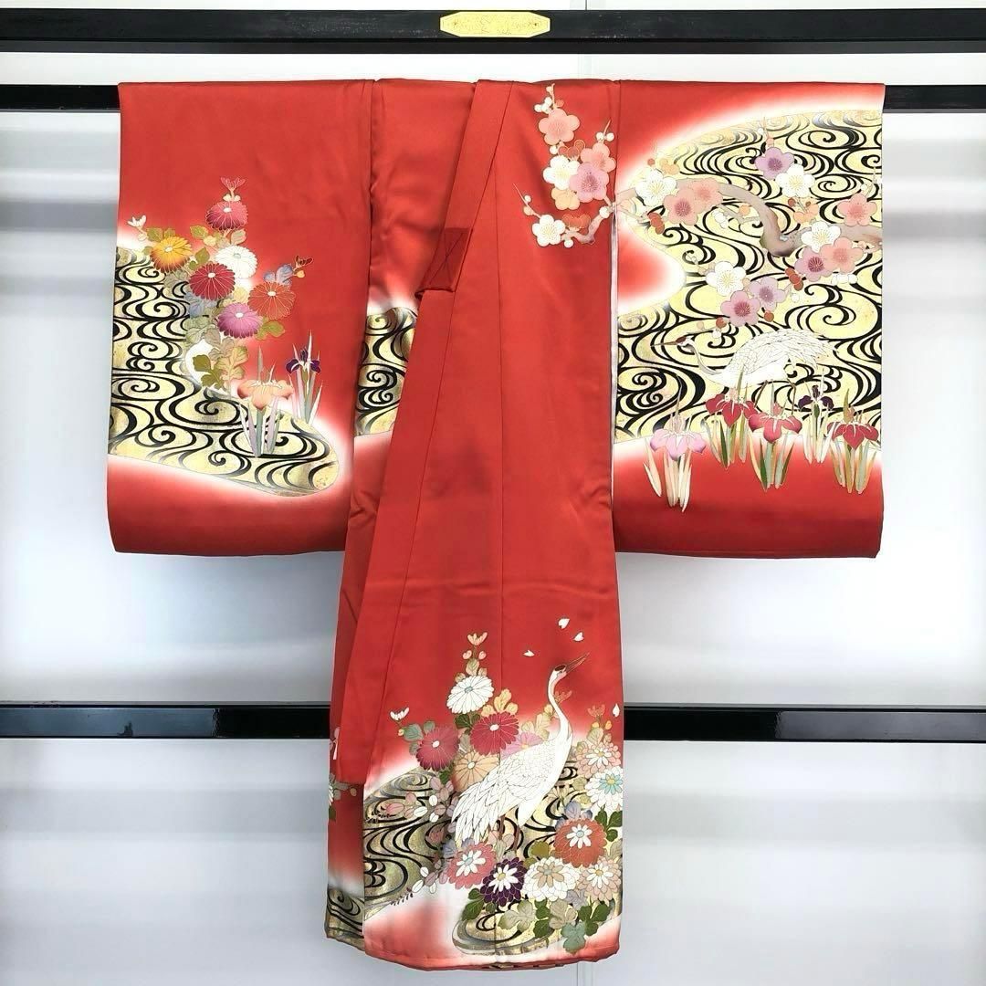 子供着物 襦袢付 女の子 一つ身 お宮参り 鶴 花柄 金彩 赤色 X-1003 子供着物 襦袢付 高品質 女の子 一つ身 お宮参り 鶴 花柄 金彩 赤色 X