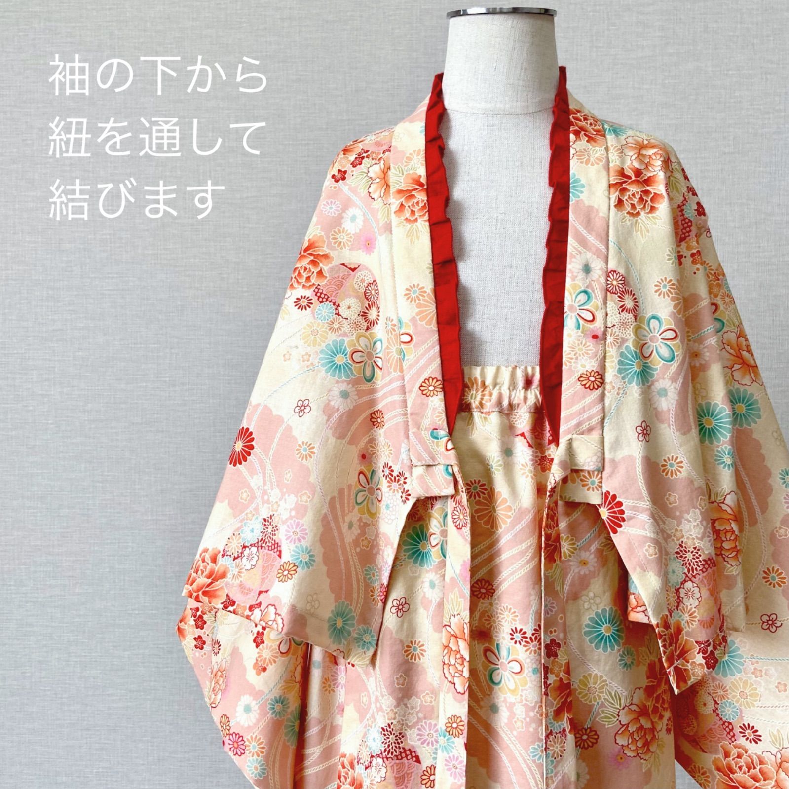 【JAM】七五三 着物＆被布エプロンセット 朱色和柄×生成り／ハンドメイド 七五三 3歳 女の子 着物＆被布エプロンセット 朱色和柄×レッド