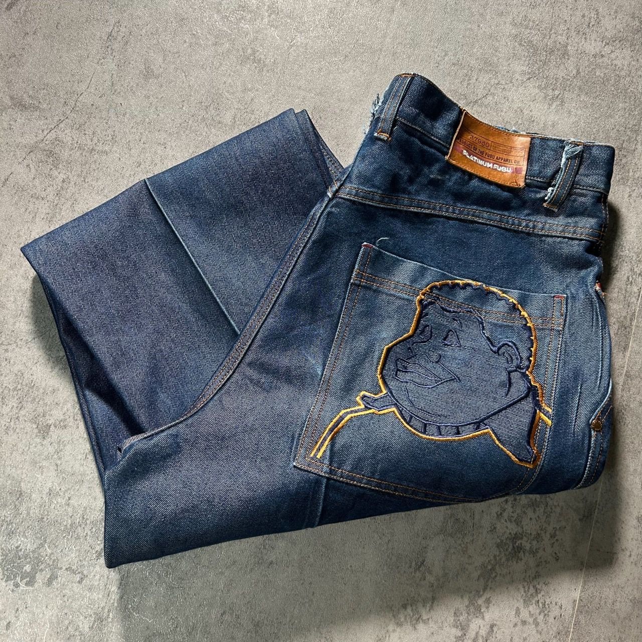 FUBU フブ 超極太 バギーデニムパンツ ワッペン W40 チカーノ B系 PLATINUM FUBU - プラチナムフブ FUBU 極太デニム バギーパンツ