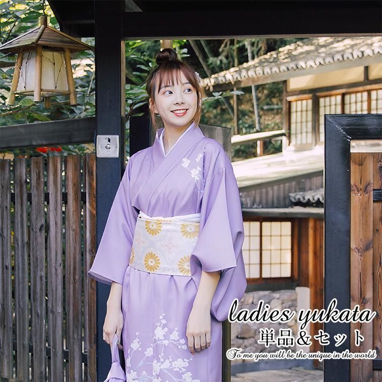 梅柄 紫 浴衣 ゆかた yukata レディース 女性 作り帯 セット 2点セット 女性 女の子 洗える お花見 レトロ 街着 お出かけ お稽 注目の ZZ520