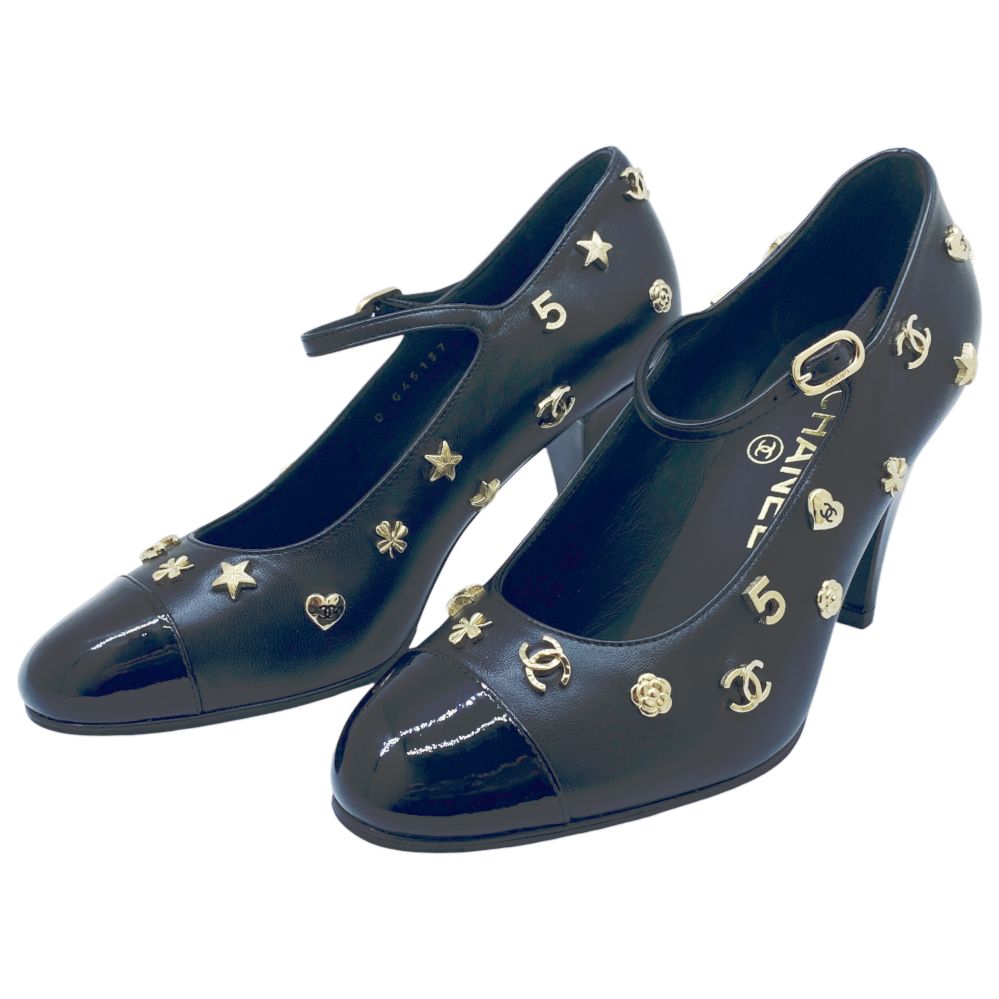 未使用】CHANEL シャネル パンプス ロゴ スタッズ レザー 黒 G45137  