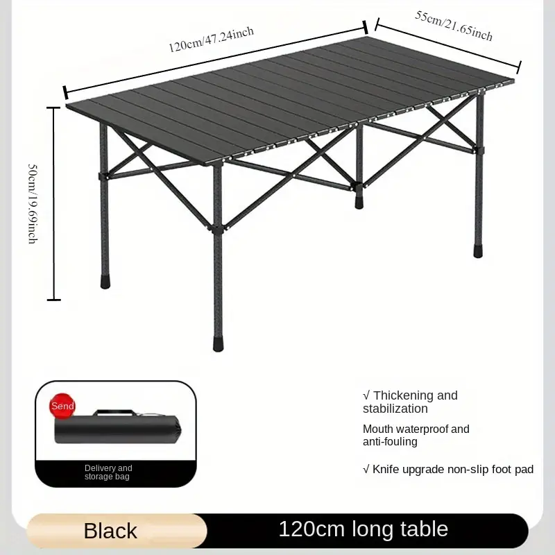 1pc、大型折りたたみテーブル120cm、頑丈なスチールフレーム、150kgの耐荷重、アウトドアピクニック、キャンプ、BBQテーブル、カジュアルスタイル、アウトドアレジャー用の折りたたみ脚