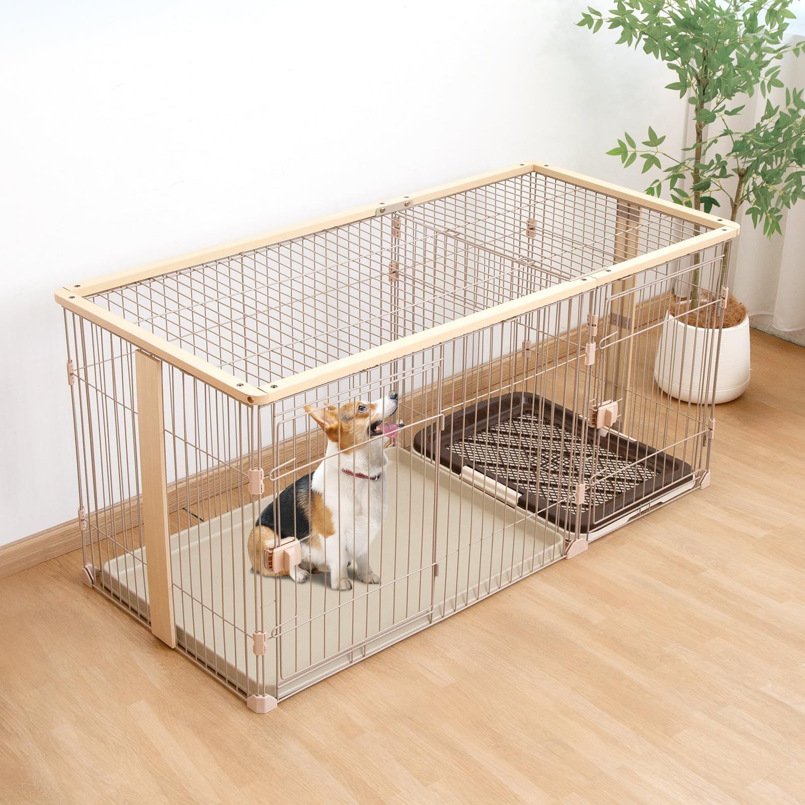 PETTOM ペットサークル 犬用ケージ 犬ゲージ ペットサークル 屋根付きセット ペットゲージ 犬ゲージトイレ別 ケージ ゲージ 室内 屋内 小型犬 中型犬 ナチュラル 屋根付き