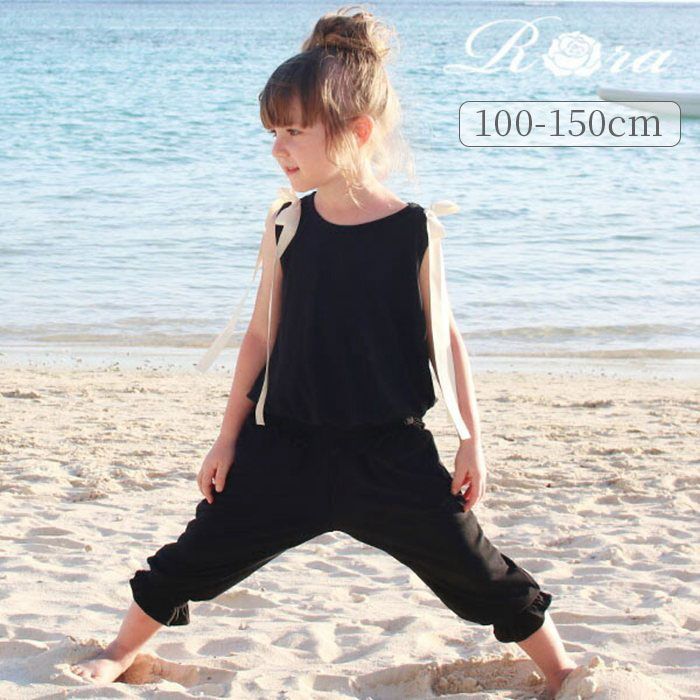 ブラック  ボウ7分丈パンツ×タンクトップ上下セット キッズ 女の子 おしゃれ 服 セットアップ 上下セット 夏 10006331 タンクトップ ノースリーブ パンツ 7分丈パンツ 七分丈パンツ リボン か
