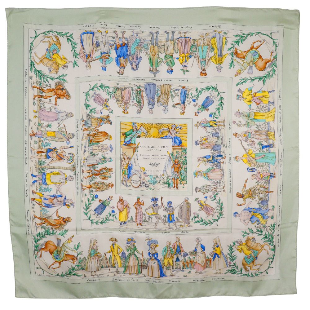 HERMES エルメス カレ90 COSTUMES CIVILS ACTUELS 現代市民の服装 ライトグリーン レディース スカーフ