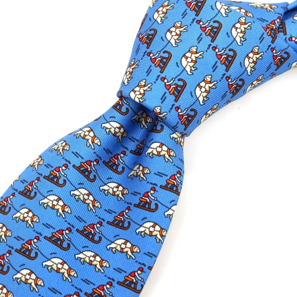 【美品】HERMES ネクタイ ブルー 小紋柄 コミカル カワイイ 高級品 中古】エルメス HERMES シルク プリント 小紋柄ネクタイ ブルー