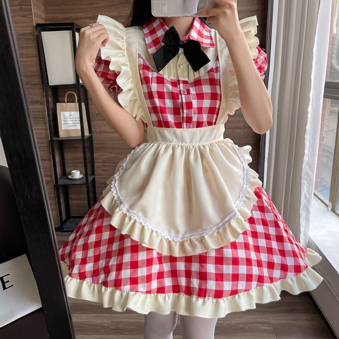 メイド服 チェック柄 喫茶店 レッド ブラック コスプレ ワンピース ロリータ 半袖 日常 萌え ハロウィン 仮装 レディース セクシー 蝶結ぶ 衣装 可愛い 大人用 luolita09