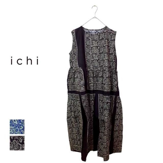 イチ ワンピース ichi レディース 231119 バンダナプリント ティアードワンピース フリーサイズ ノースリーブ コットン ブルー ブラック 春夏 240429
