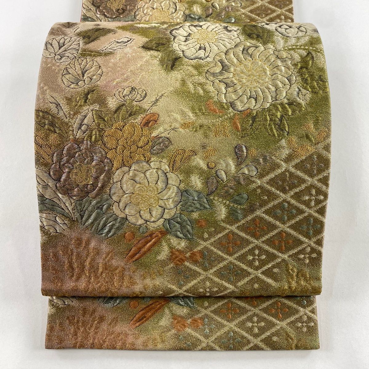 袋帯 秀品 草花 花菱 金糸 箔 茶緑色 六通 正絹