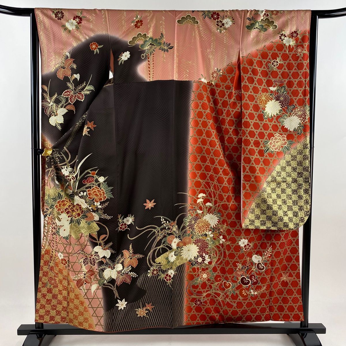 振袖 身丈158cm 裄丈63.5cm S 袷 花筏 籠目 金糸 金彩 茶紫 正絹 秀品