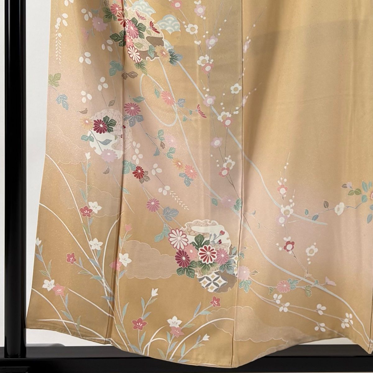 訪問着 身丈157cm 裄丈63cm S 袷 雪輪 秋草 ぼかし ベージュ 正絹 秀品