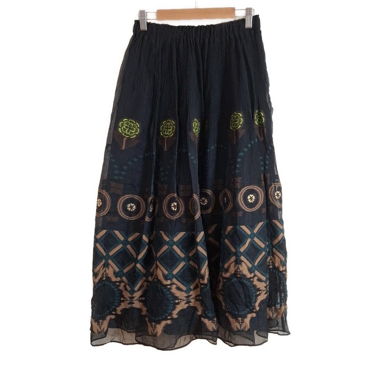 HaaT HeaRT ハート ロングスカート サイズ2 M レディース - 黒×ブラウン×マルチ 刺繍|ラメ|フラワー 花 |プリーツ|ウエストゴム