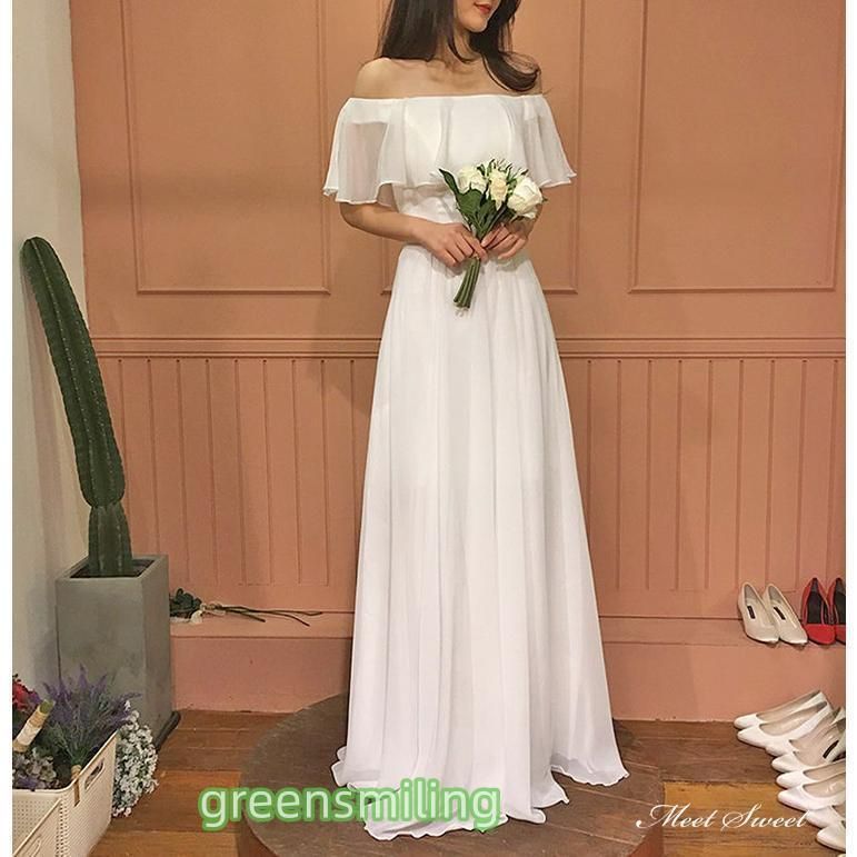 ウェディングドレス ロングドレス スレンダードレス オフショルダー ワンピース 白 シフォン 二次会 結婚式 前撮り ブライダル 登場 ZZ520