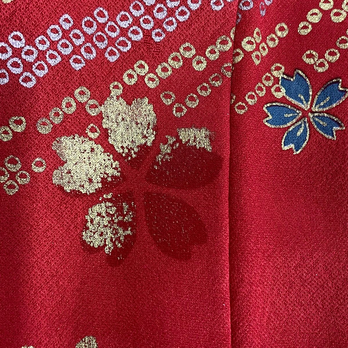 【振袖】【桜川】【桜流し】裄66㎝ 七宝繋ぎ 花菱亀甲 流水 真紅系 正絹 振袖】【桜川】【桜流し】裄66㎝ 七宝繋ぎ 花菱亀甲 流水 真紅系