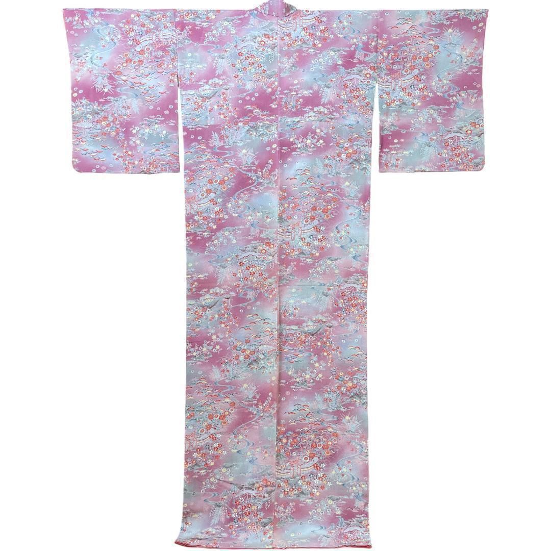 小紋着物 袷 正絹 ちりめん地 茶屋辻紋 藤紫 身長170cm前後 着物