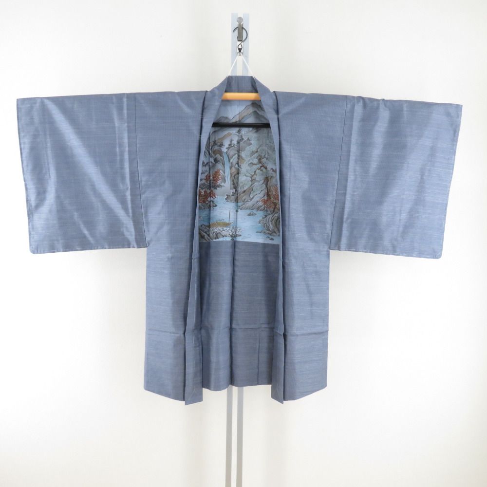 男着物 紬 亀甲 アンサンブル 襦袢セット 袷 薄青色 正絹 男性用きもの 