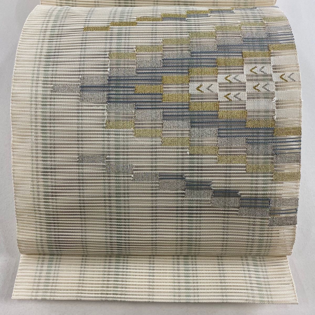 名古屋帯 秀品 夏帯 八寸名古屋帯 松葉仕立て 幾何学 金銀糸 ベージュ 正絹