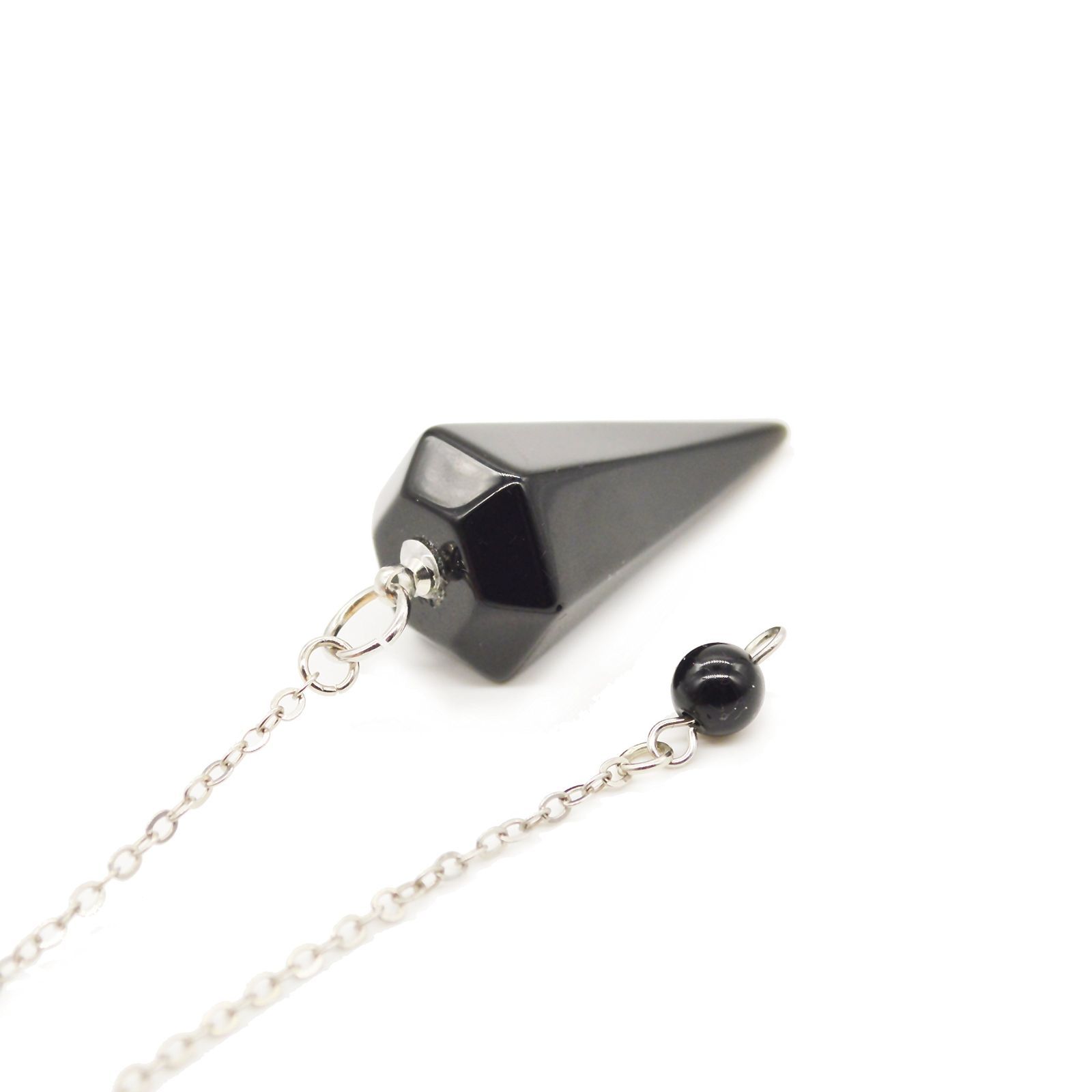 6面カット 金属チェーン付き チャウラストーン六角錐 ダウジング風水占い用 ヒーリングストーン ペンデュラム振り子 天然黒瑪瑙 メノウ 製