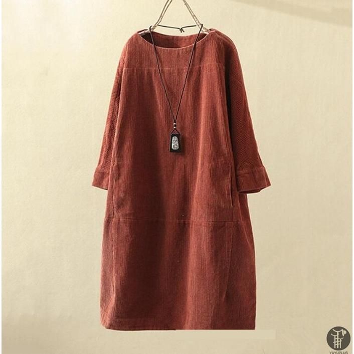 イタリア製　コーデュロイワンピース　グレー　M〜L　チュニック　重ね着　中古 ワンピース レディース 長袖 チュニック コクーンワンピ Aライン