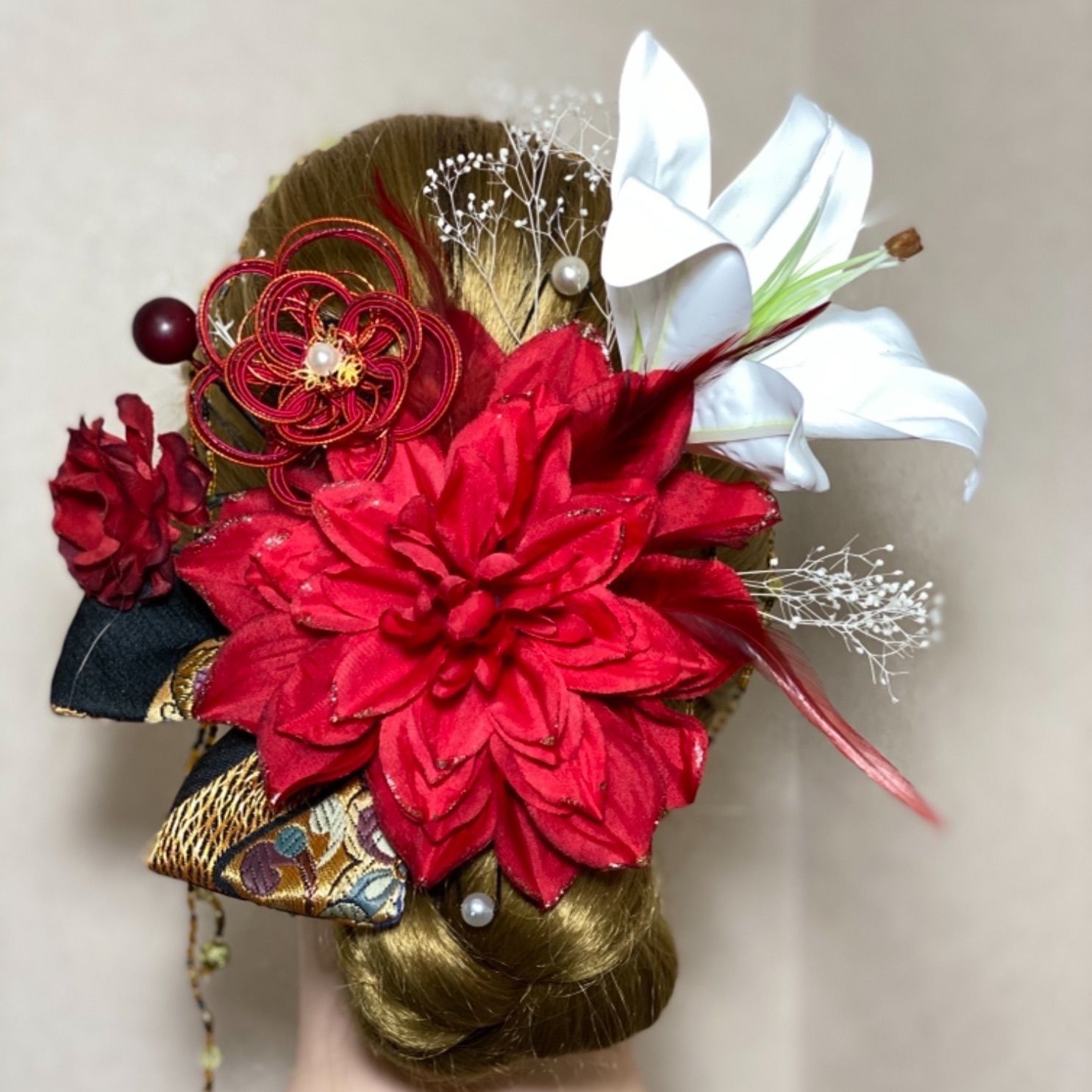 和装洋装髪飾り赤椿金蘭ヘッドドレスW4 結婚式成人式