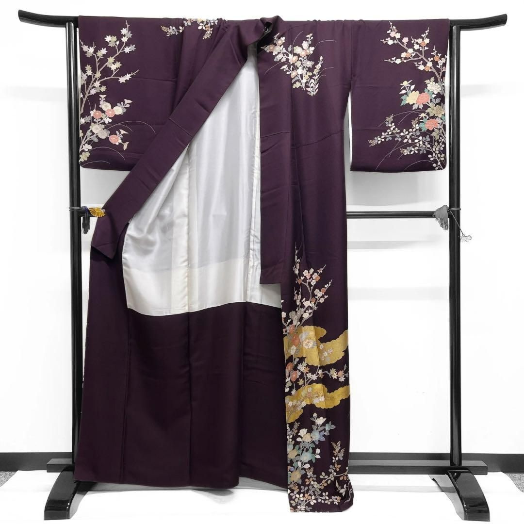 訪問着　金駒刺繍　金彩　菊　牡丹　梅　椿　鉄線　パープル　着物　092w d 訪問着 金駒刺繍 金彩 菊 牡丹 梅 椿 鉄線 パープル 着物 092w d