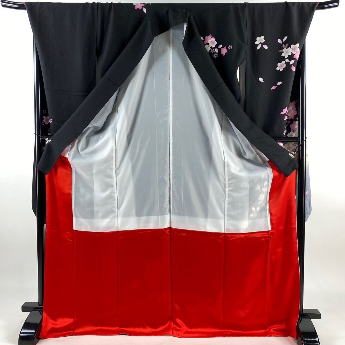 振袖 身丈173.5cm 裄丈73cm L 袷 桜 鈴 箔 ぼかし 黒 正絹 美品