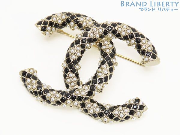 シャネル CHANEL ココマーク パール ブローチ シャンパンゴールド パール ブラック GP