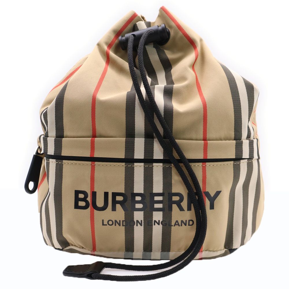 BURBERRY (バーバリー) フロントロゴ ノバチェック ドローストリングス 巾着 ハンド バッグ ベージュ
