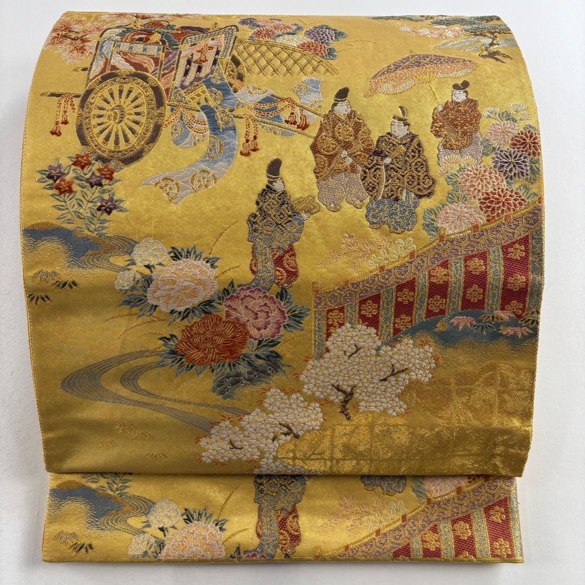 袋帯 美品 秀品 御所車 人物 箔 金糸 金色 六通 正絹 【中古