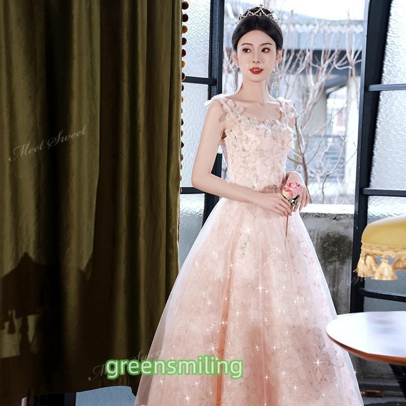 カラードレス ピンク オフショルダー フラワー 花 ウェディングドレス 編み上げ ウエディングドレスドレス パーティードレス 演奏会 二次会