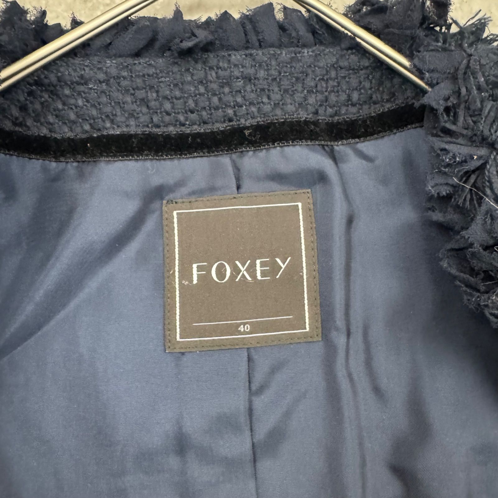 美品】FOXEY フォクシー ノーカラー ツイード ジャケット ネイビー 40