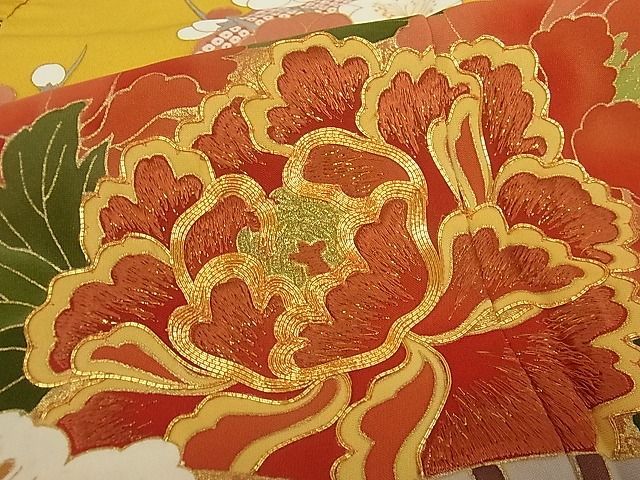 平和屋1□極上 振袖 駒刺繍 松竹梅扇面草花文 金彩 パールトーン加工