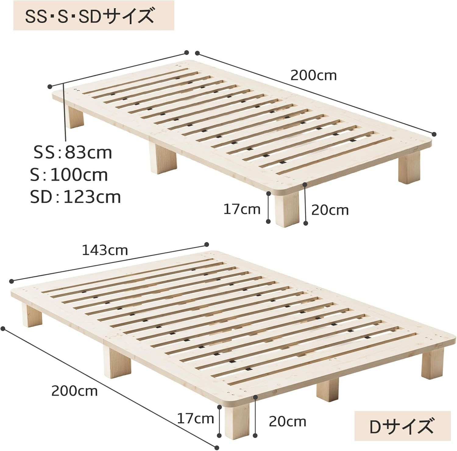 S SS SD Dサイズ対応 天然木 組立簡単 頑丈 無塗装 良い耐久性 幅143cm 通気 ナチュラル ダブル ロータイプ ベッドフレーム ヘッドレスベッド モダンデザイン すのこベッド W143×D200×H20cm