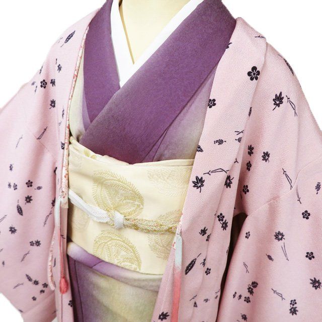 羽織 コート 着物 正絹 縮緬地 吹き寄せ文 羽織紐付き 水柿色 濃紺色 身丈86cm 裄68cm きもの北條 A1287-2