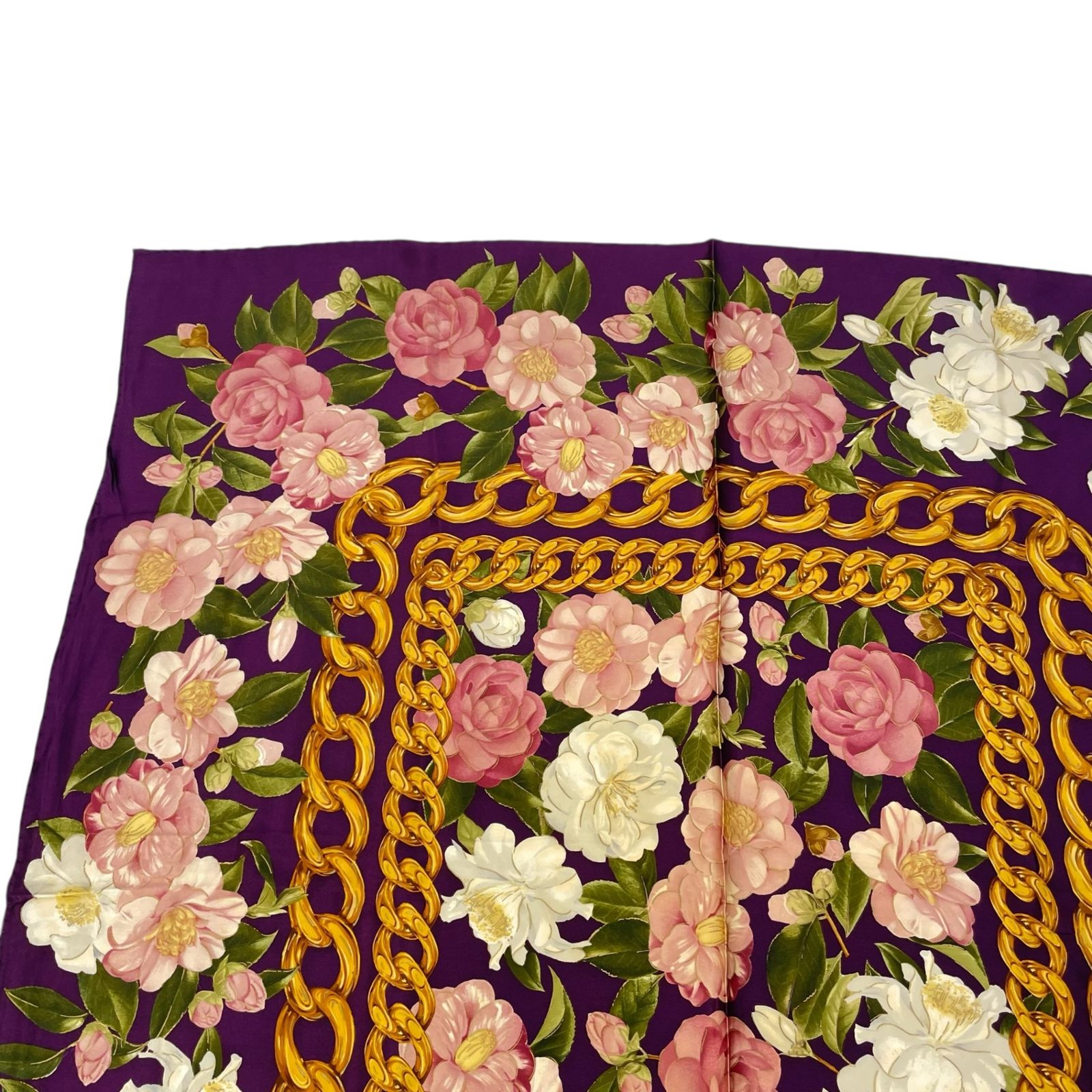 極美品 CHANEL シャネル 大判 シルク スカーフ 花柄 チェーン