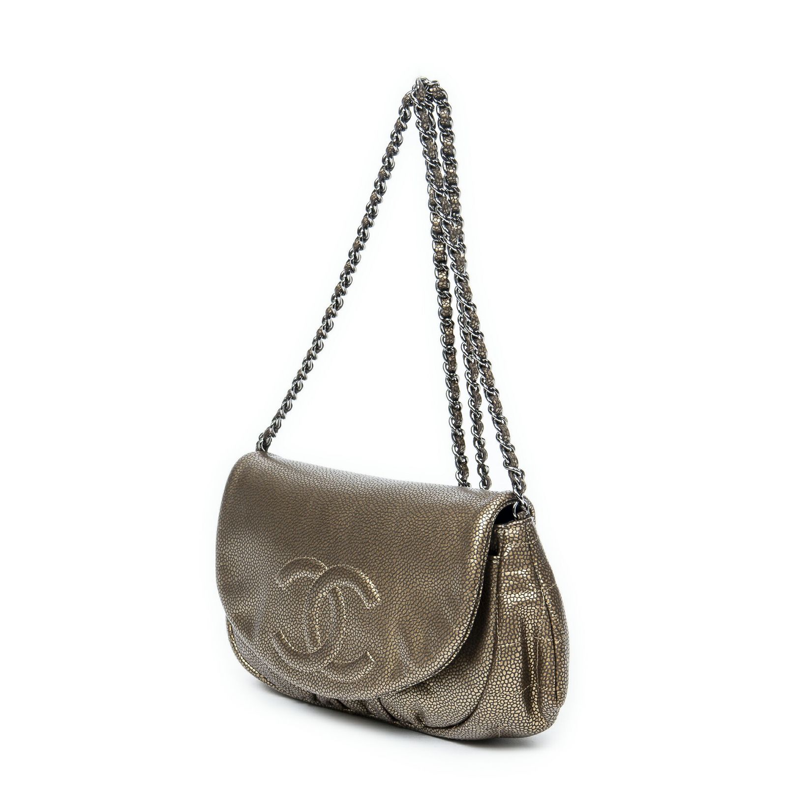 CHANEL シャネルハーフムーン ウォレット オン チェーン金メタリックカーフスキンレザーA