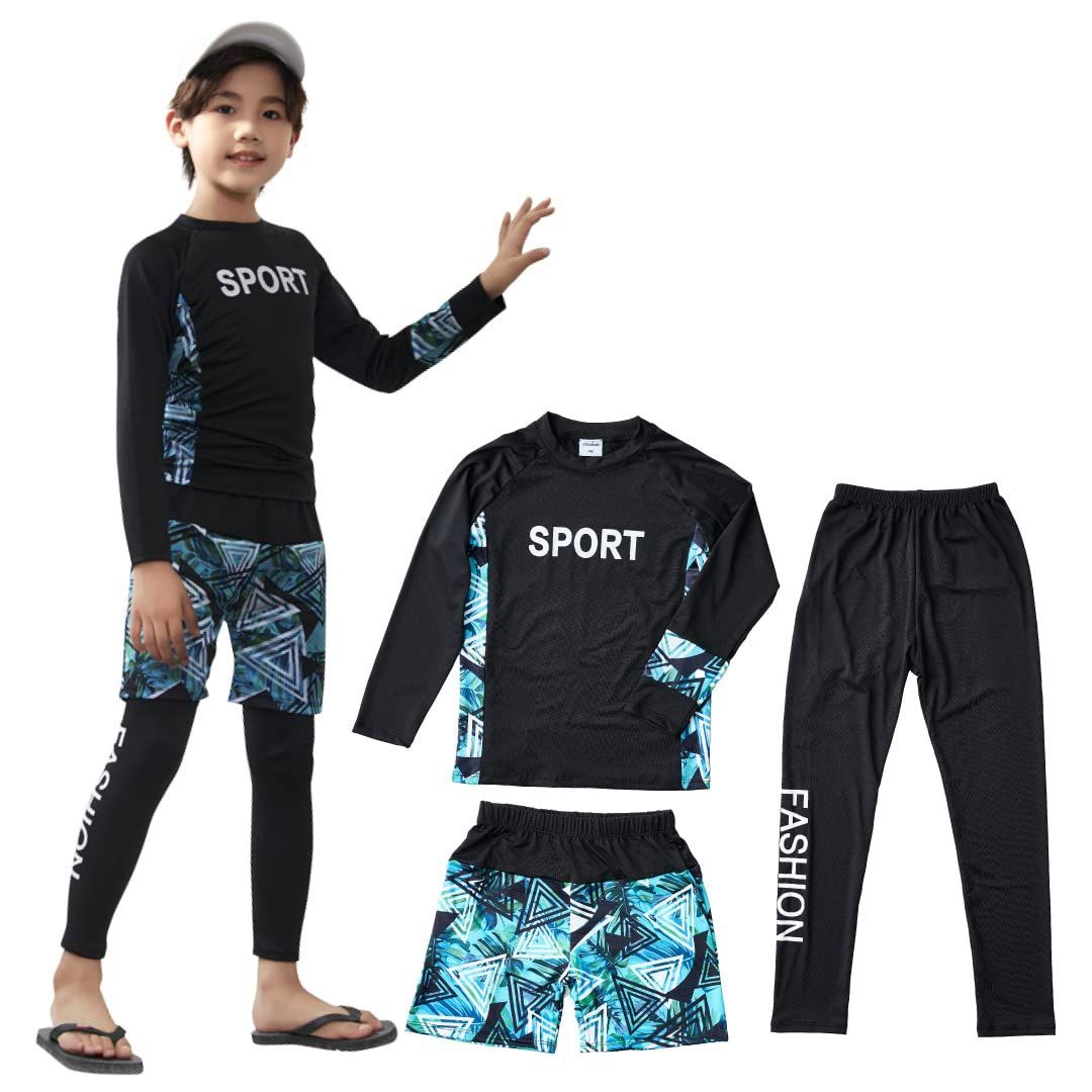 【人気】[mitsuhada] ラッシュガード 水着 男の子 キッズ 子供 「上下3点セット」長袖 レギンス ハーフパンツ 速乾 UVカット サーフパンツ ビーチ 水泳パンツ