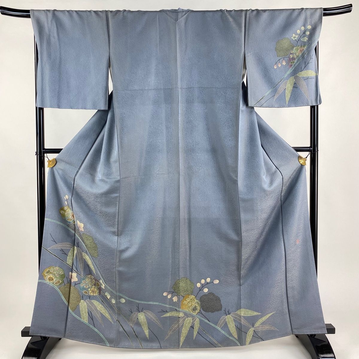 訪問着 身丈164cm 裄丈69cm L 袷 落款 草花 竹 金通し 絞り 青灰色 正絹 名品