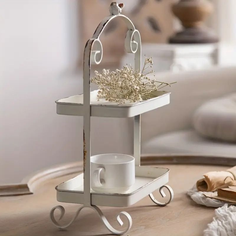 ティースタンド 2段トレイ ティートレイ 収納 トレイ ケーキスタンド 卓上 アイアン 小物収納 多用途 ラック フレンチカントリー レトロ アンティーク おしゃれ シャビーシック インテリア 